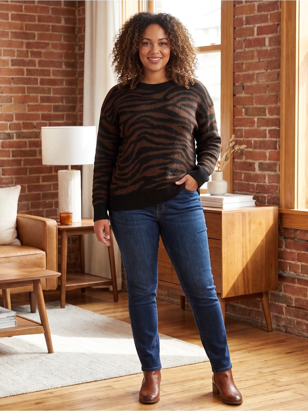 torrid Black and Brown Zebra-Print Crewneck Sweater